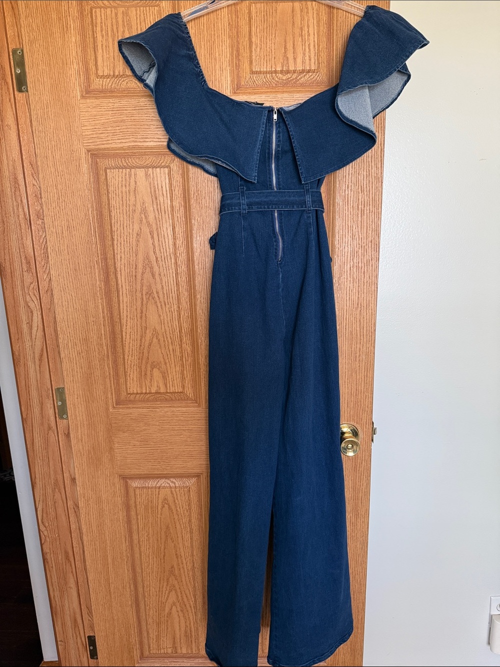 Vici Dark Blue Denim Ruffle-Trim Wide-Leg Jumpsuit - Picture 3 of 3